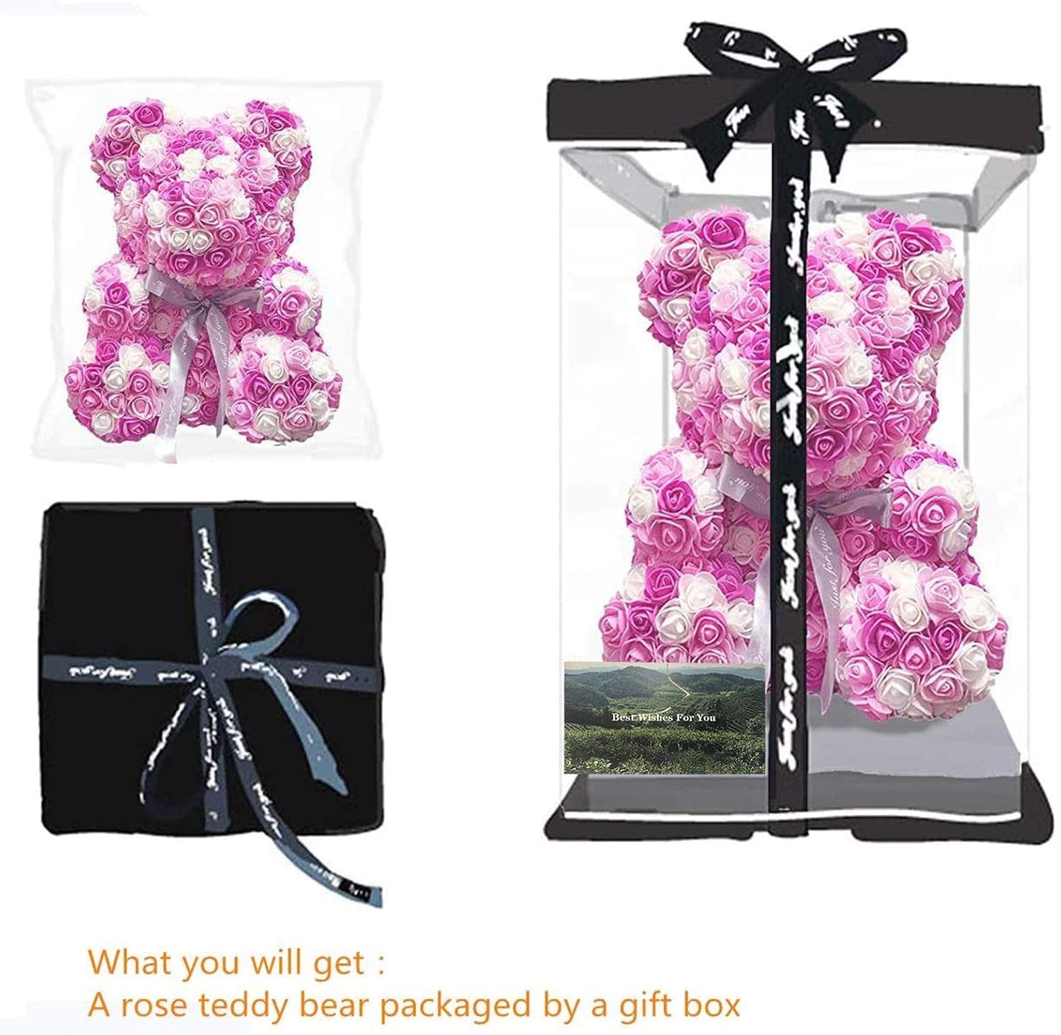 Rose Bear Rose Flower Teddy Bear,Forever Rose Flower Bear Gift for Women Girlfriend Wife Kids Mothers Day,Valentinesday,Anniversary,Birthdays,Clear Gift Box 10 Inch(Pink and White)