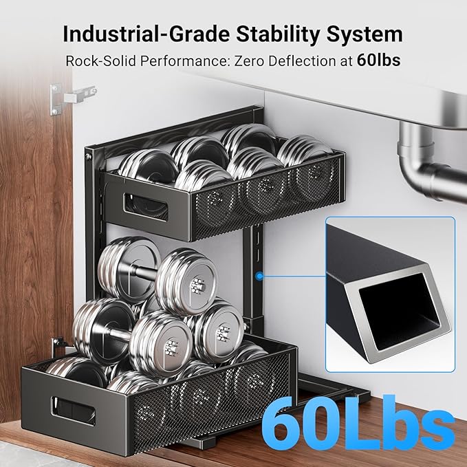 Under Sink Organizer, 2-Tier Metal Under Sink Organizers and Storage, Slide Out Pull Out Cabinet Organizer for Kitchen, Bathroom, Pantry, Laundry, Study, Black