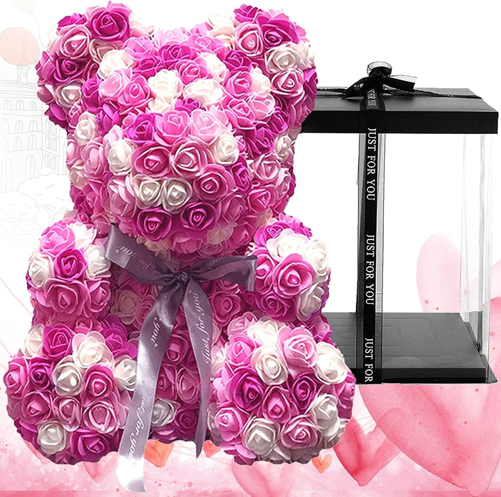 Rose Bear Rose Flower Teddy Bear,Forever Rose Flower Bear Gift for Women Girlfriend Wife Kids Mothers Day,Valentinesday,Anniversary,Birthdays,Clear Gift Box 10 Inch(Pink and White)
