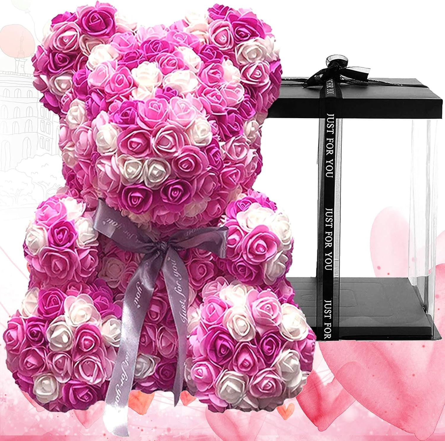 Rose Bear Rose Flower Teddy Bear,Forever Rose Flower Bear Gift for Women Girlfriend Wife Kids Mothers Day,Valentinesday,Anniversary,Birthdays,Clear Gift Box 10 Inch(Pink and White)